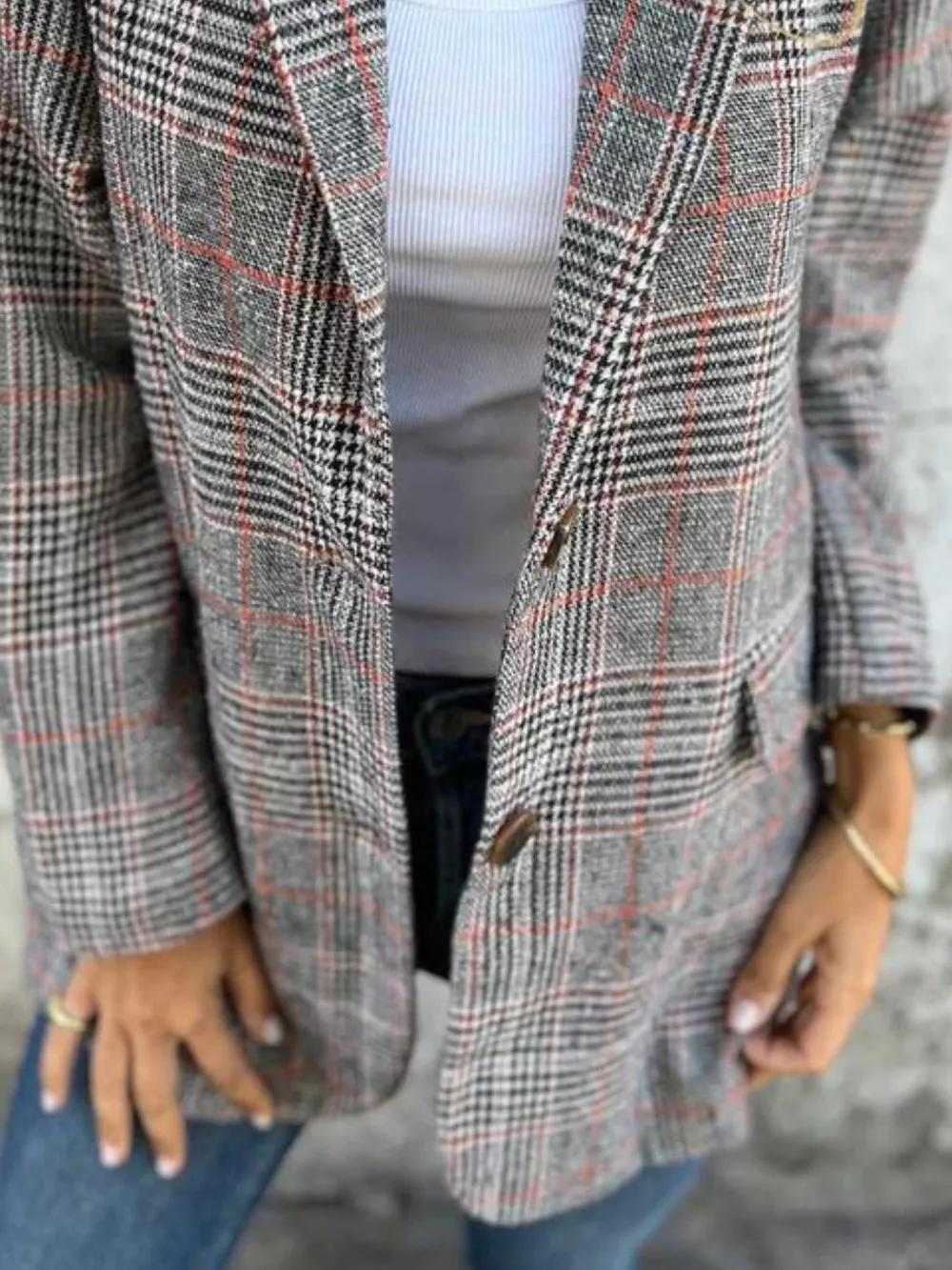 Full Size Plaid Single-Breasted Long Sleeve Blazer Plus Size, image 2