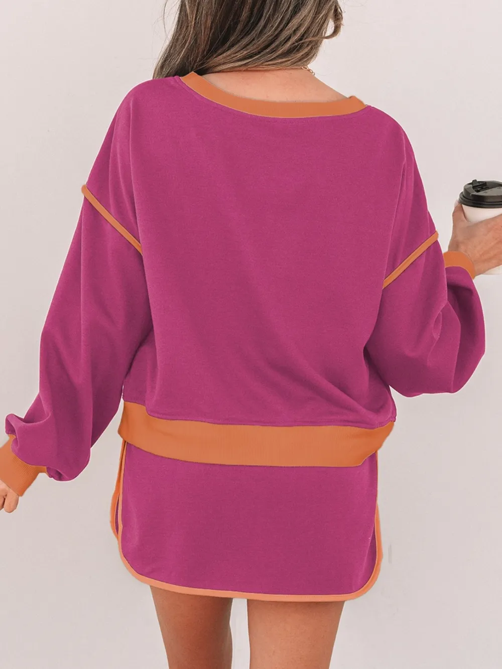 Contrast Trim Long Sleeve Top and Skort Set, image 2