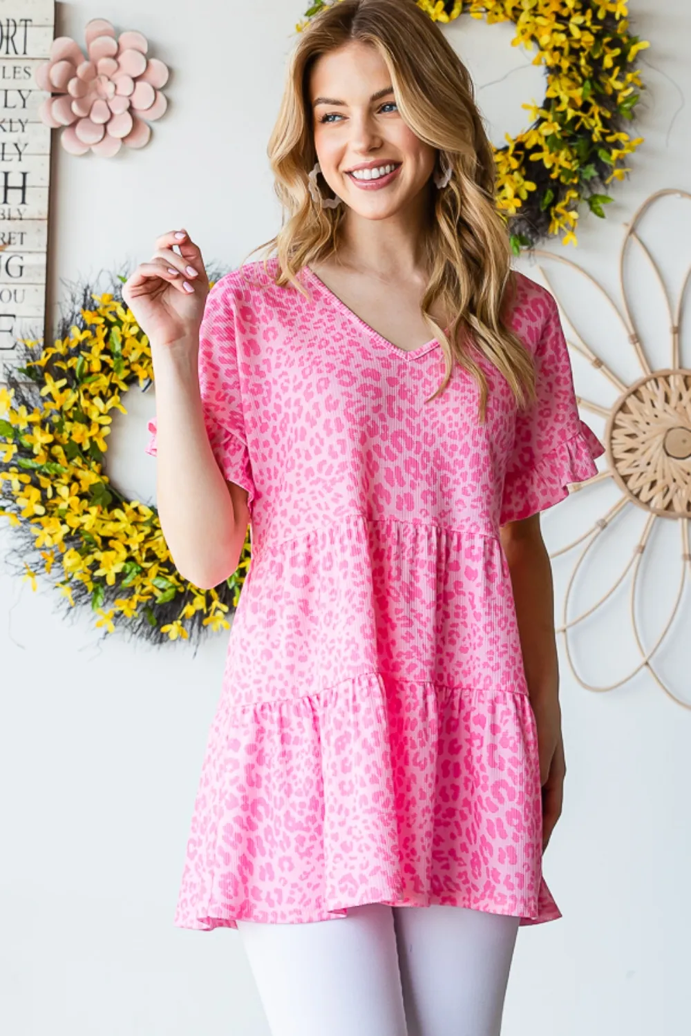 Full Size Leopard Ruffle Trim Short Sleeve Top, image 2
