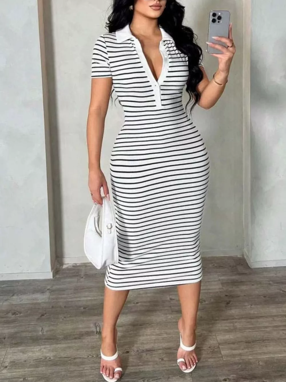 Striped Polo Collar Midi Dress, image 3