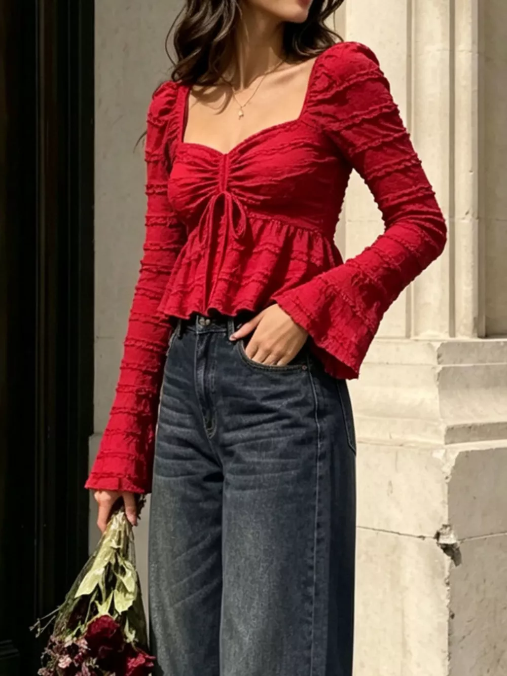 Textured Sweetheart Neck Flare Sleeve Top, image 4