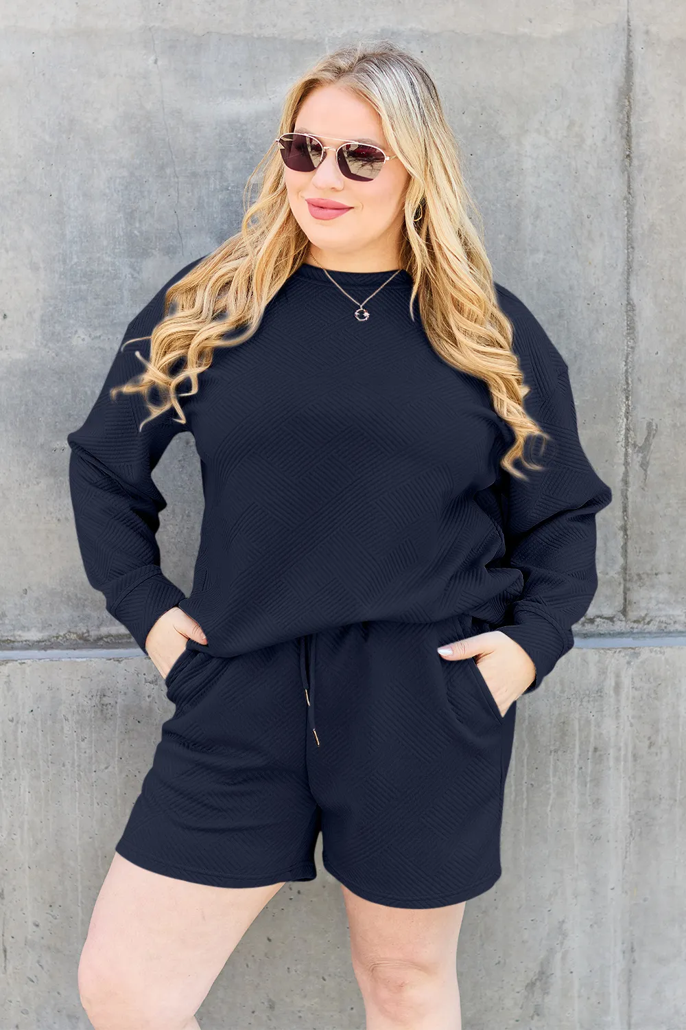 Full Size Texture Long Sleeve Top and Drawstring Shorts Set, image 21