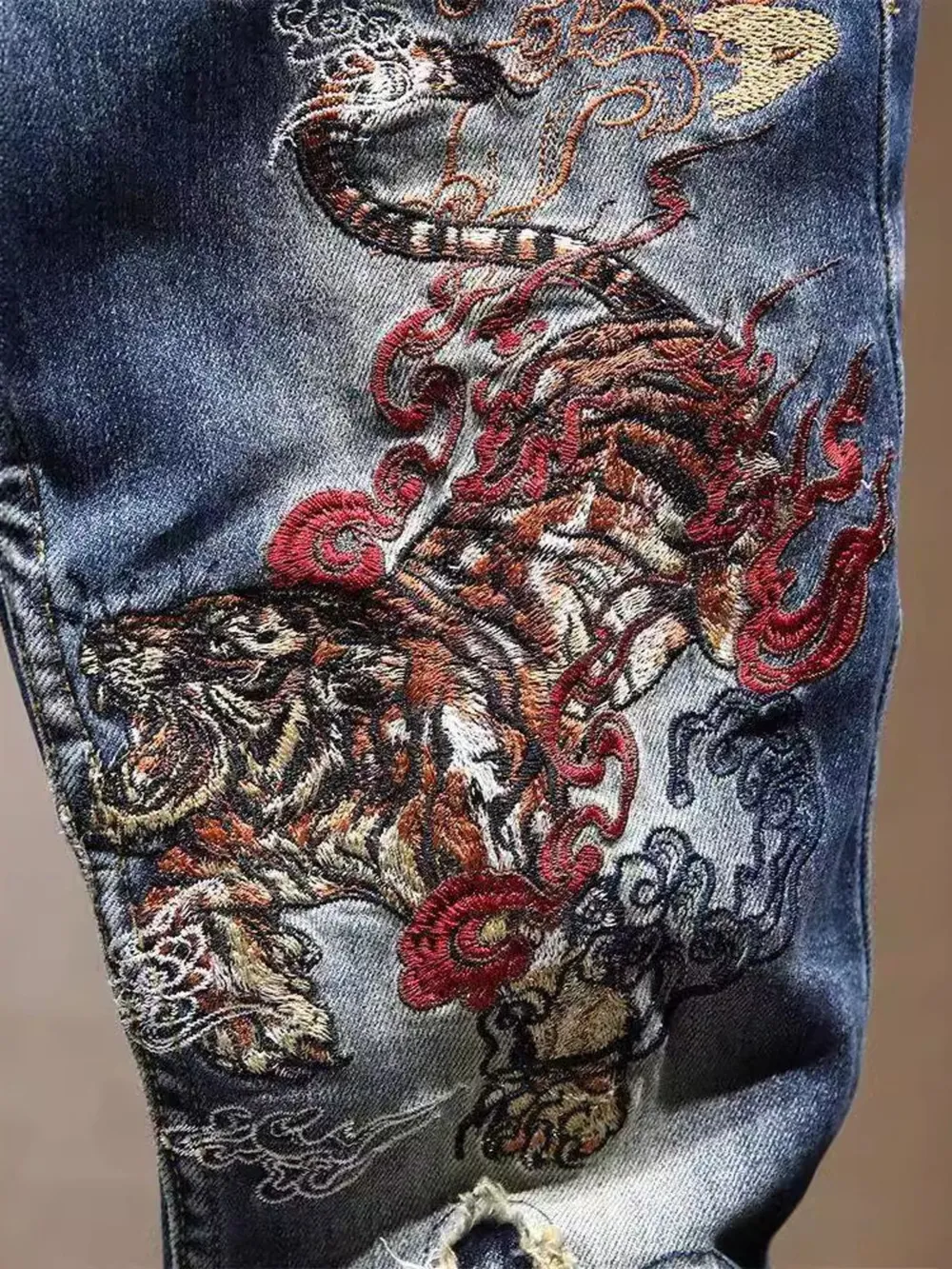 Men's Distressed Embroidered Jeans, image 6