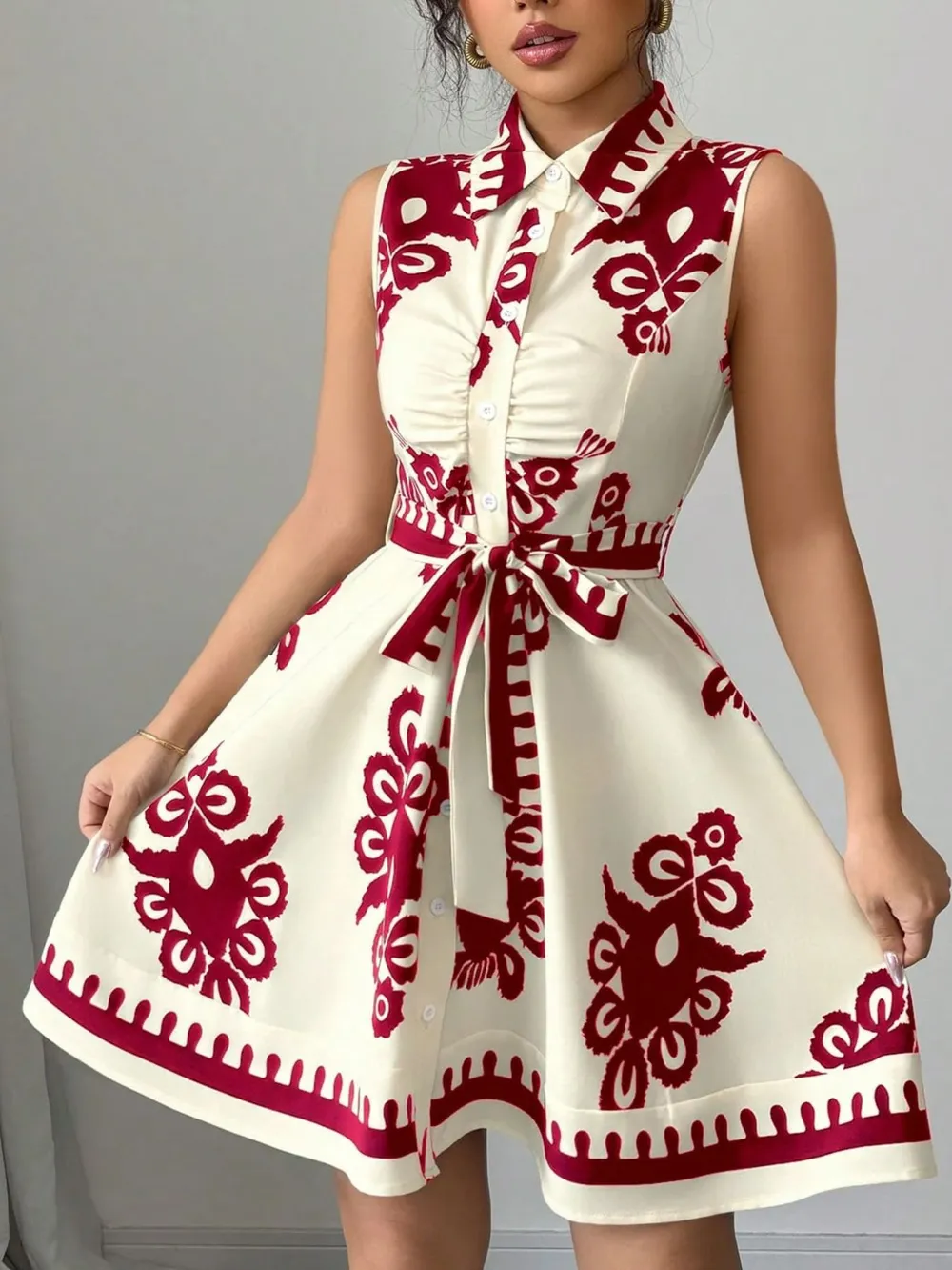 Printed Sleeveless Tie Waist Mini Dress, image 10