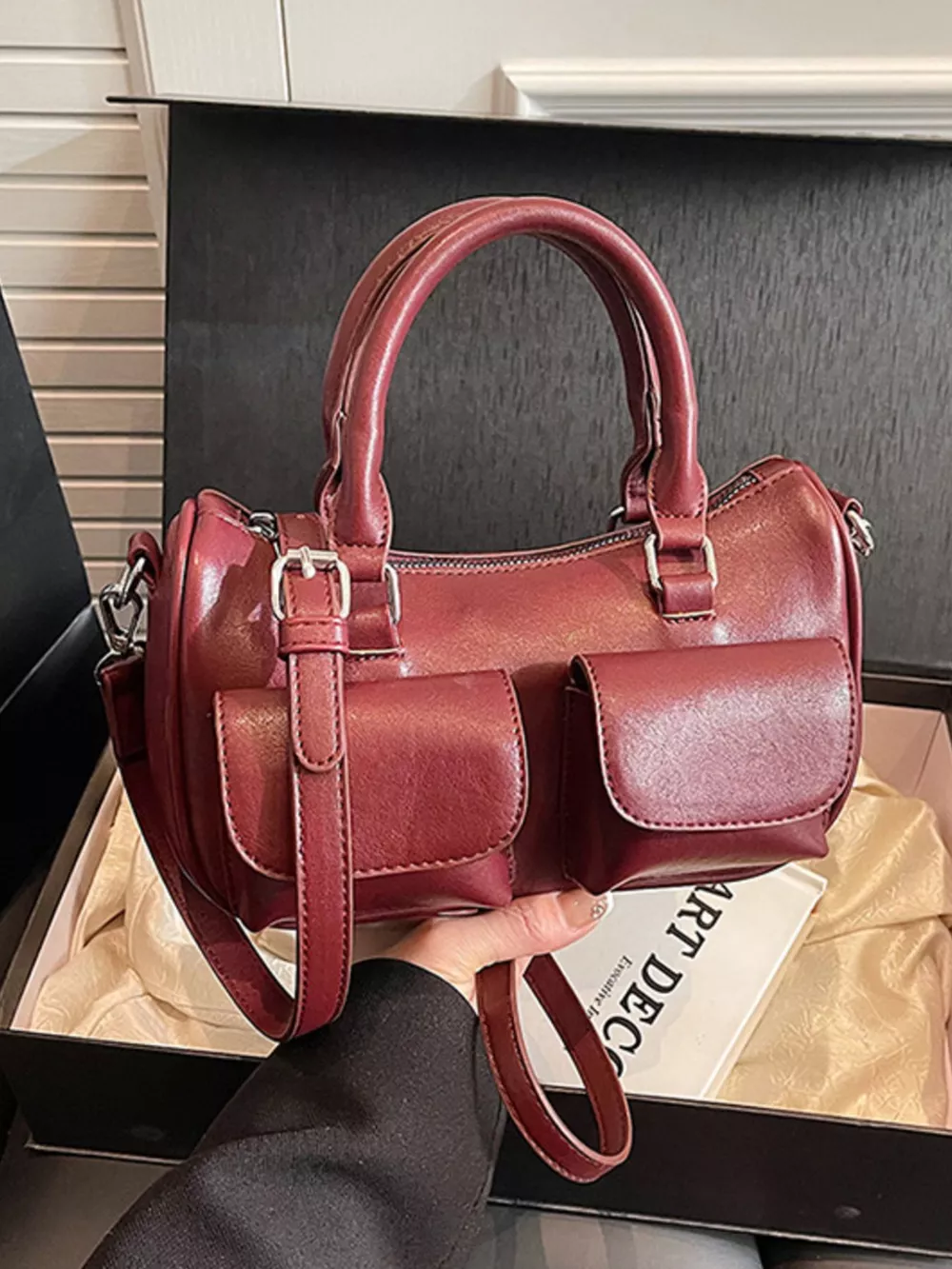 PU Leather Vintage Boston Handbag, image 4