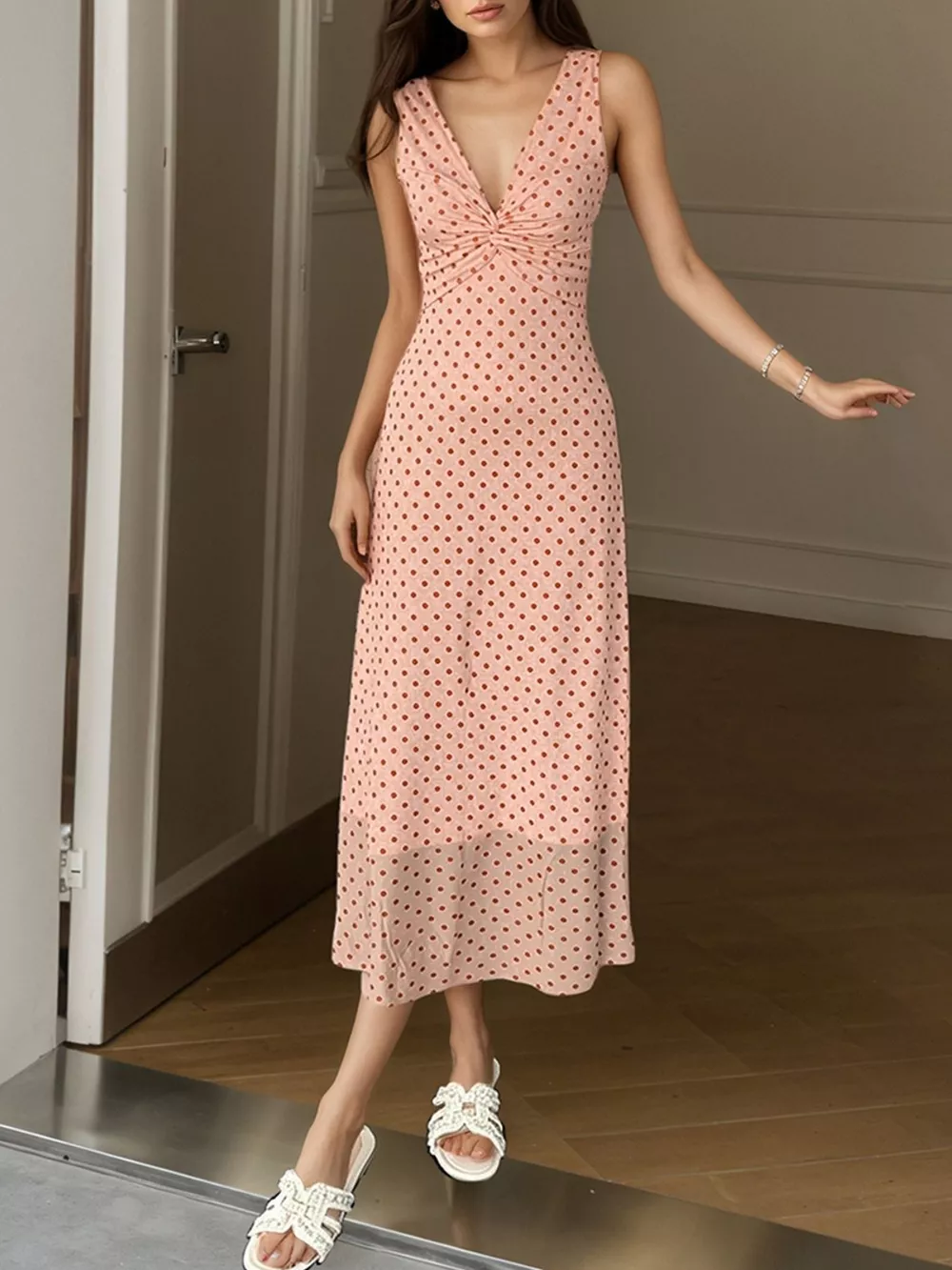 Polka Dot Twist-Front Sleeveless Maxi Dress, image 5