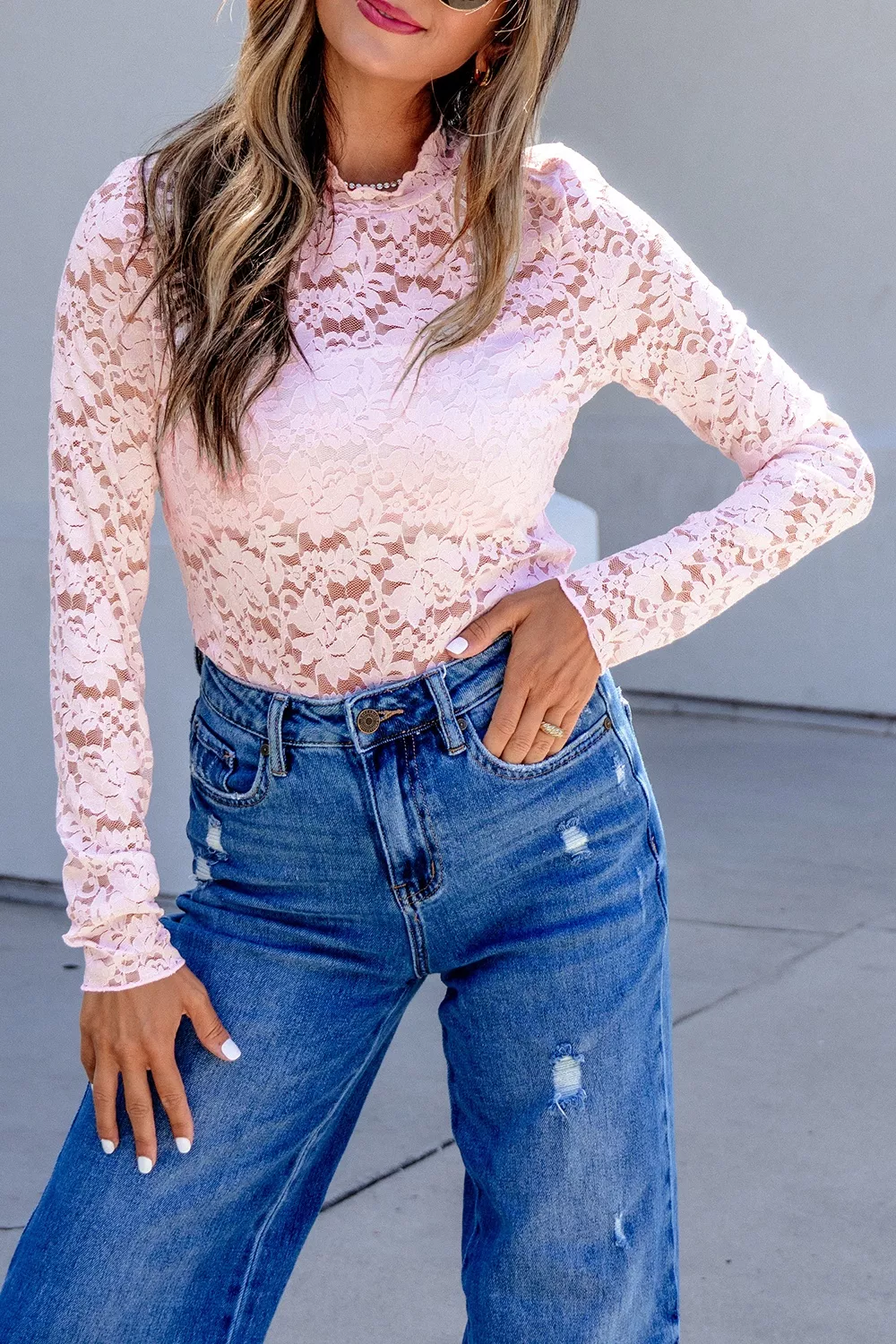 Floral Lace Long Sleeve Stand Neck Pullover Top, image 6