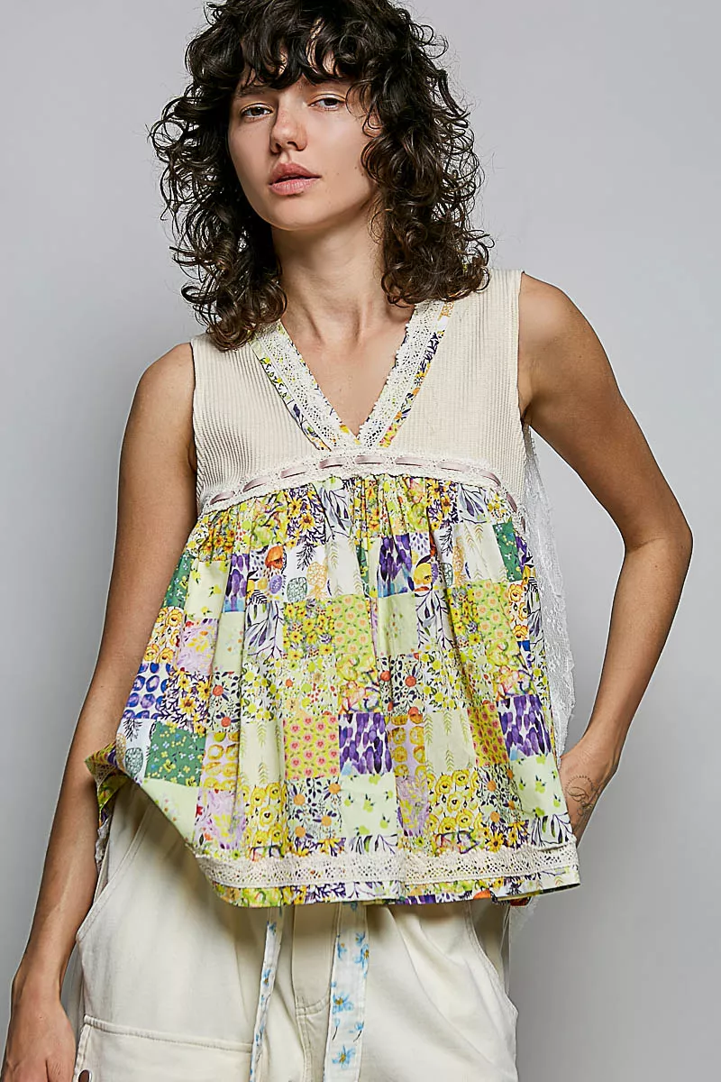 Floral V-Neck Sheer Tank with Lace Trim, image 2