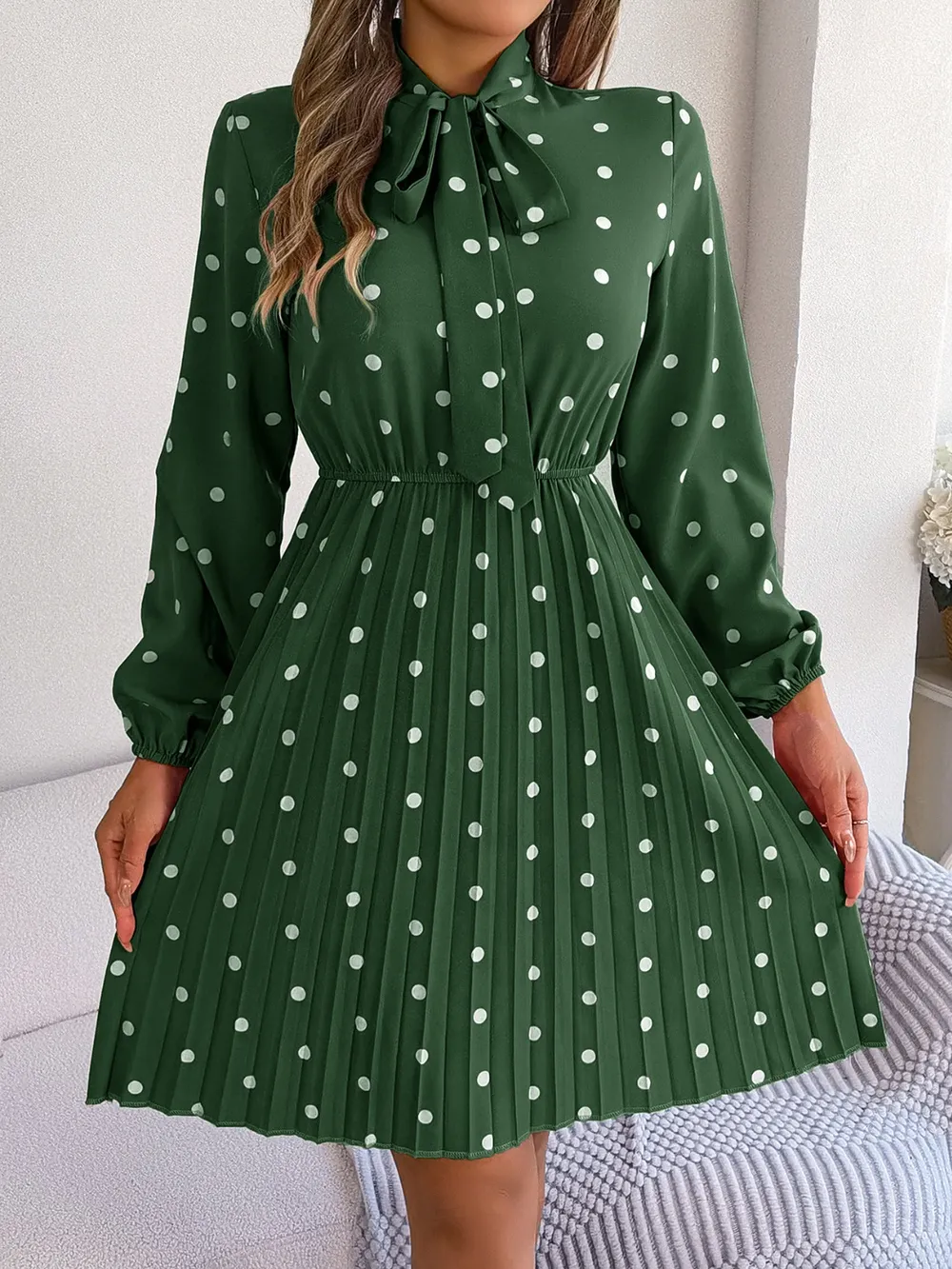 Polka Dot Tie Neck Pleated Dress, image 21