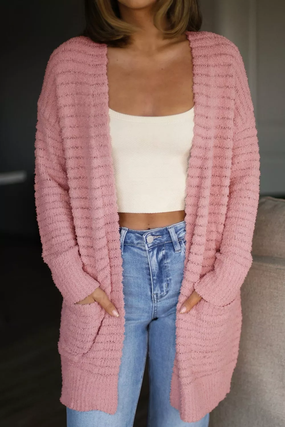 Open Front Soft Fuzzy Ribbed Sweater Cardigan, image 2
