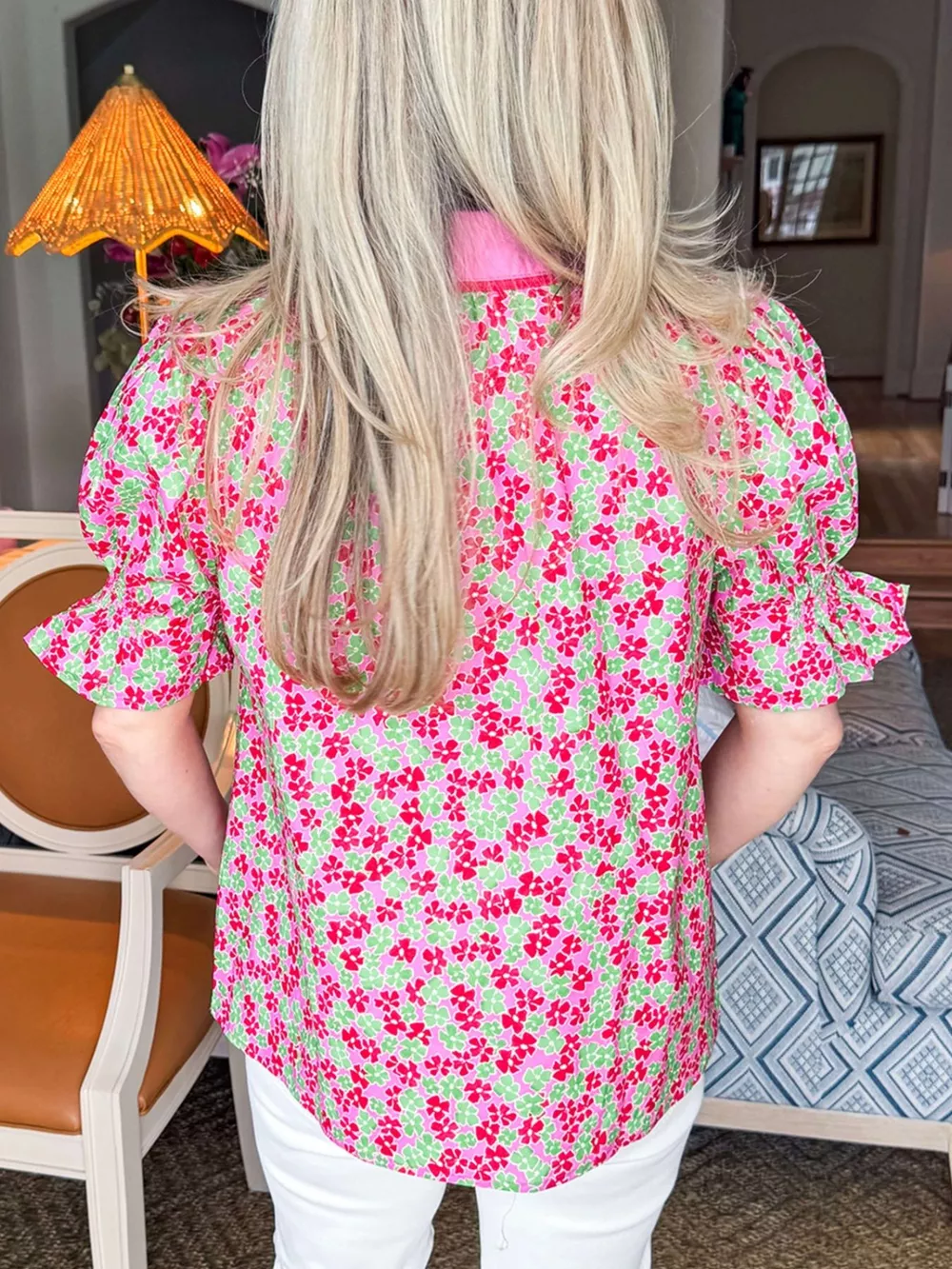 Floral Collared V Neck Short Puff Sleeve Blouse, image 2