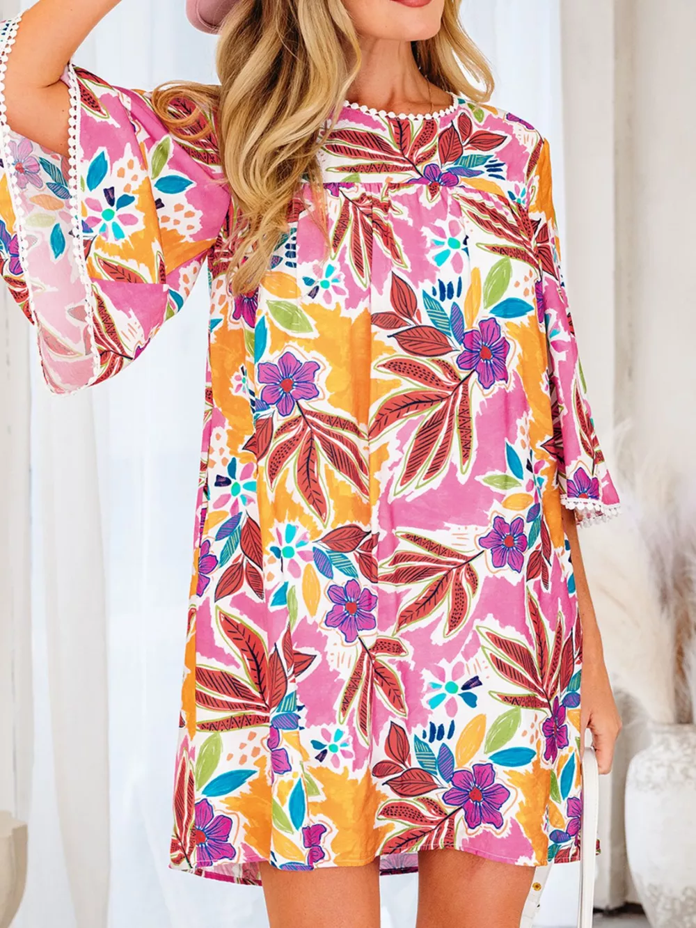Floral Print Lace Trimmed Tie Back Bell Sleeve Swing Mini Dress, image 2