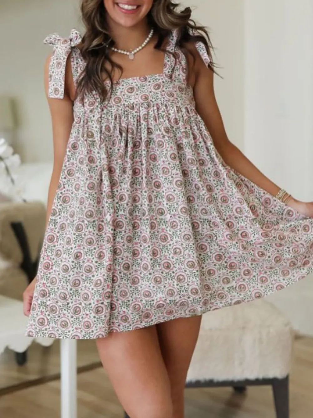 Printed Square Neck Tie Shoulder Mini Dress, image 2