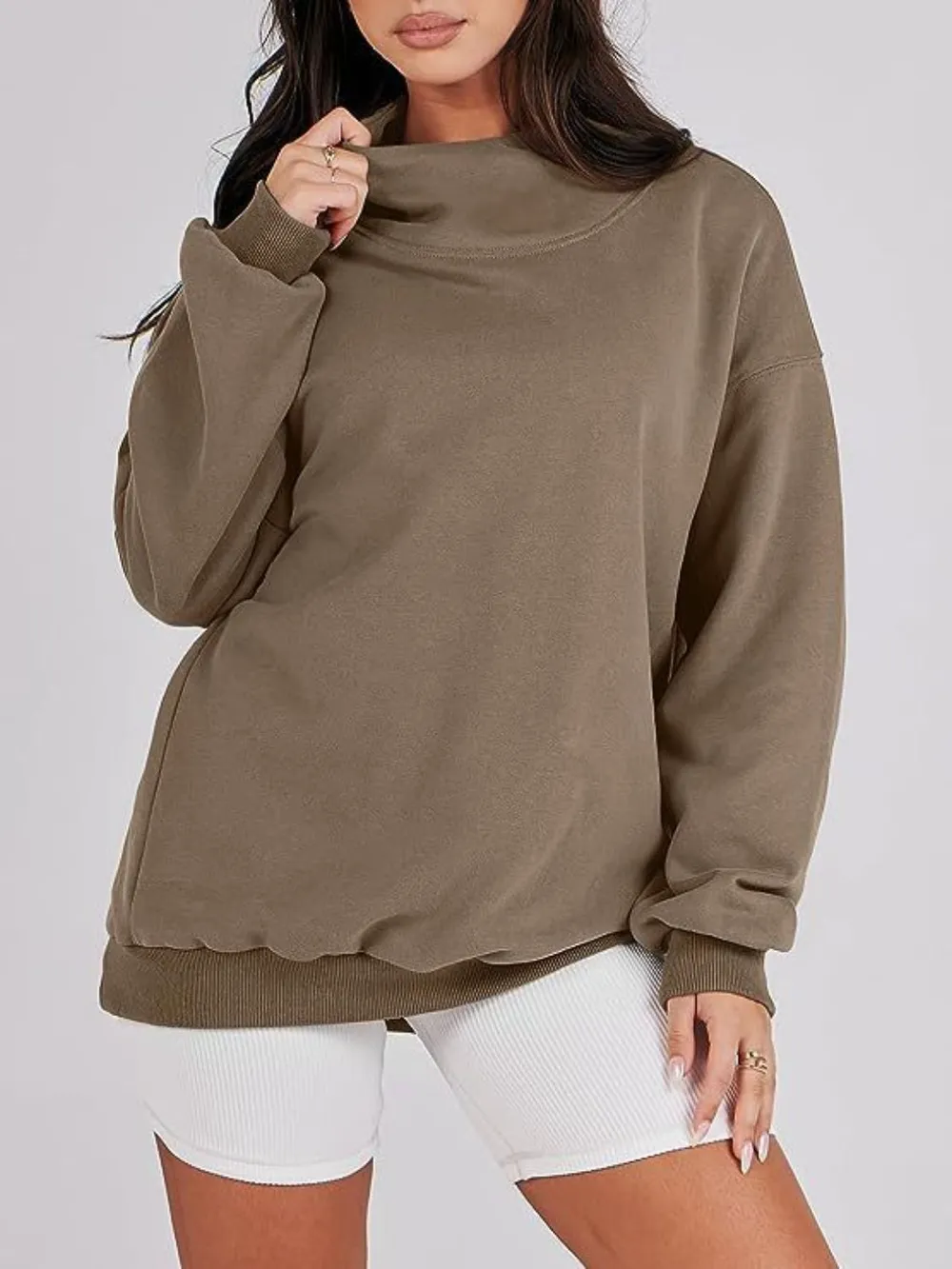 Mock Neck Drop Shoulder Long Sleeve Sweatshirt, image 2