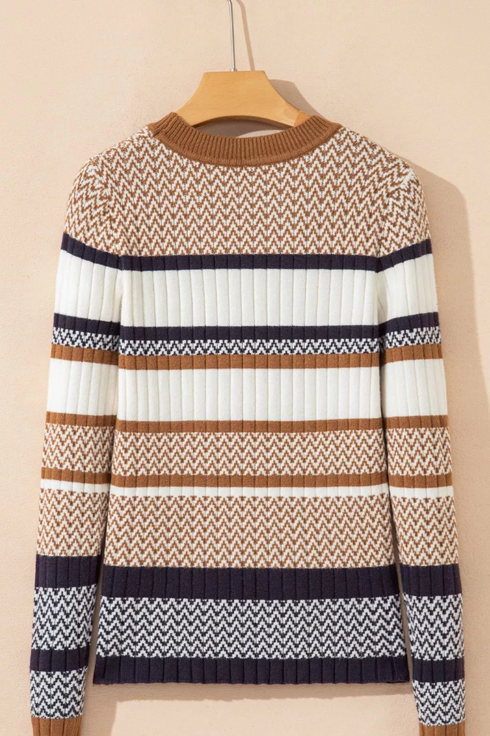 Stripe Stylish Pattern Knitted Ribbed Trim Slim Sweater, image 2