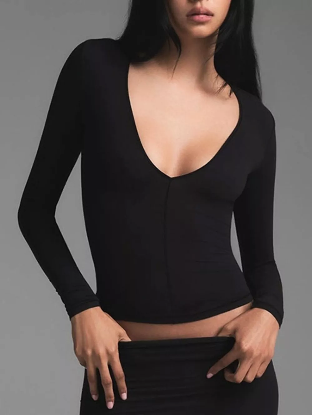 V-Neck Long Sleeve Crop T-Shirt, image 2