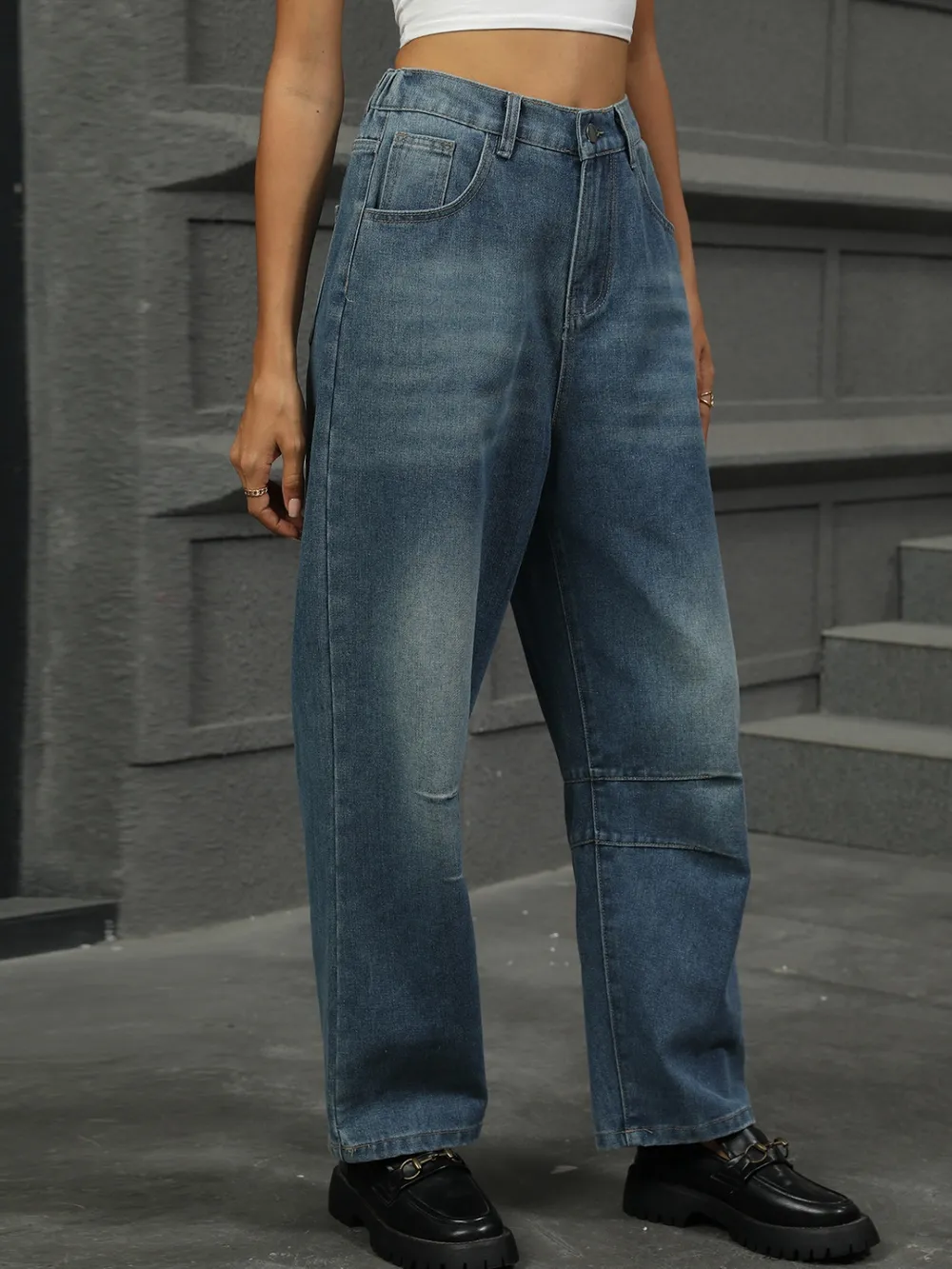 Half Elastic Waist Straight Leg Jeans, image 3