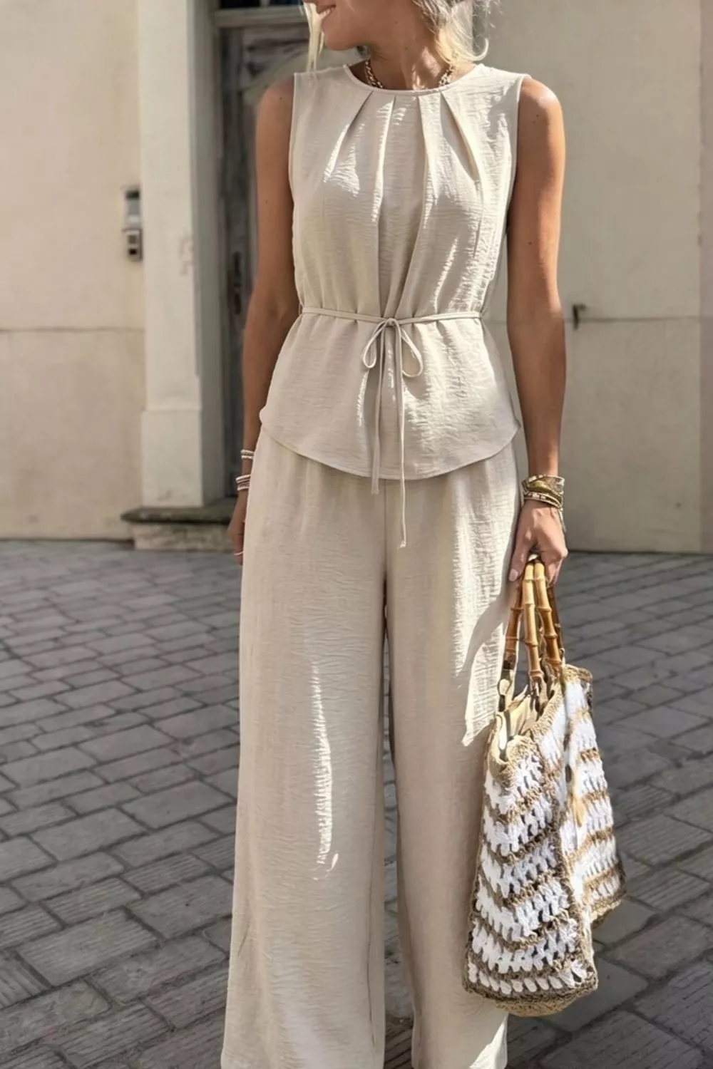 Pleated Sleeveless Top and Wide-Leg Pants Set, image 5