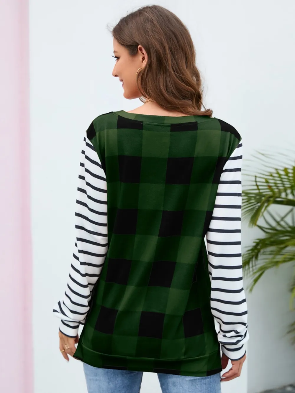 Plaid Striped Round Neck Long Sleeve T-Shirt, image 18