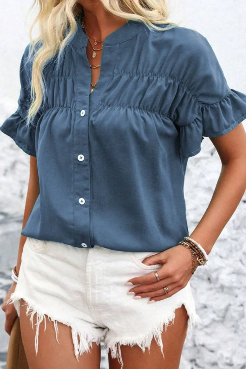Ruffled Ruched Short Sleeve Button Down Shirt, image 2