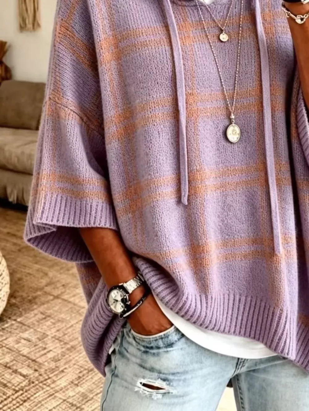 Plaid Hooded Knit Sweater, image 6