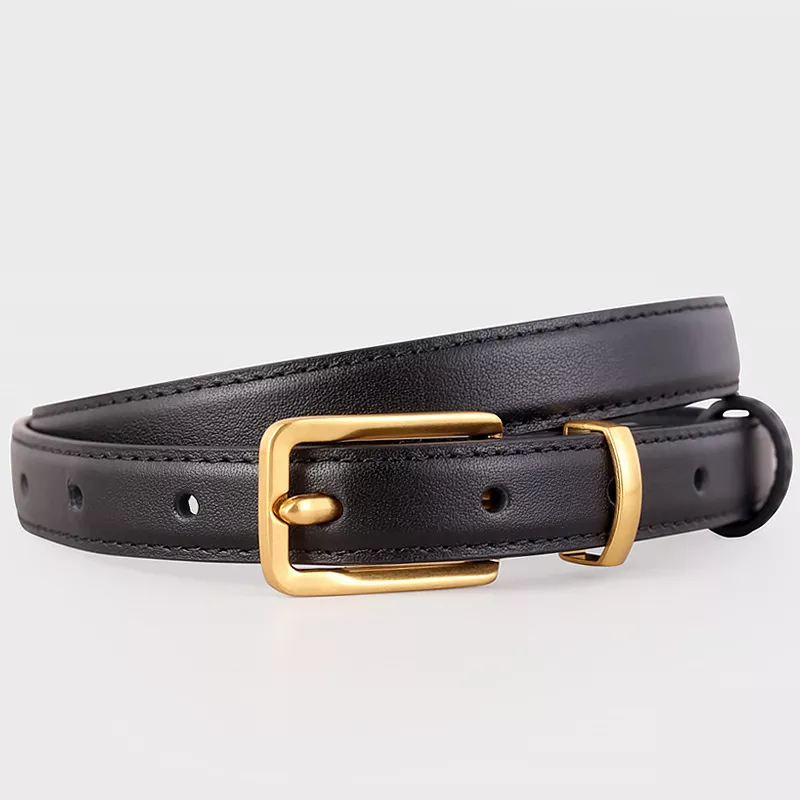 Leather Skinny Belt with Golden Buckle