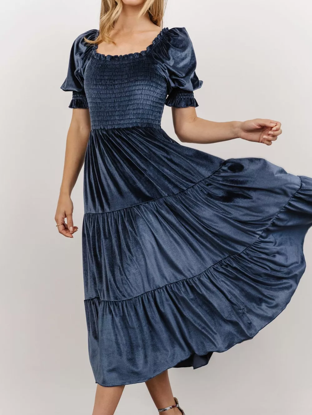 Velvet Smocked Tiered Midi Dress, image 3