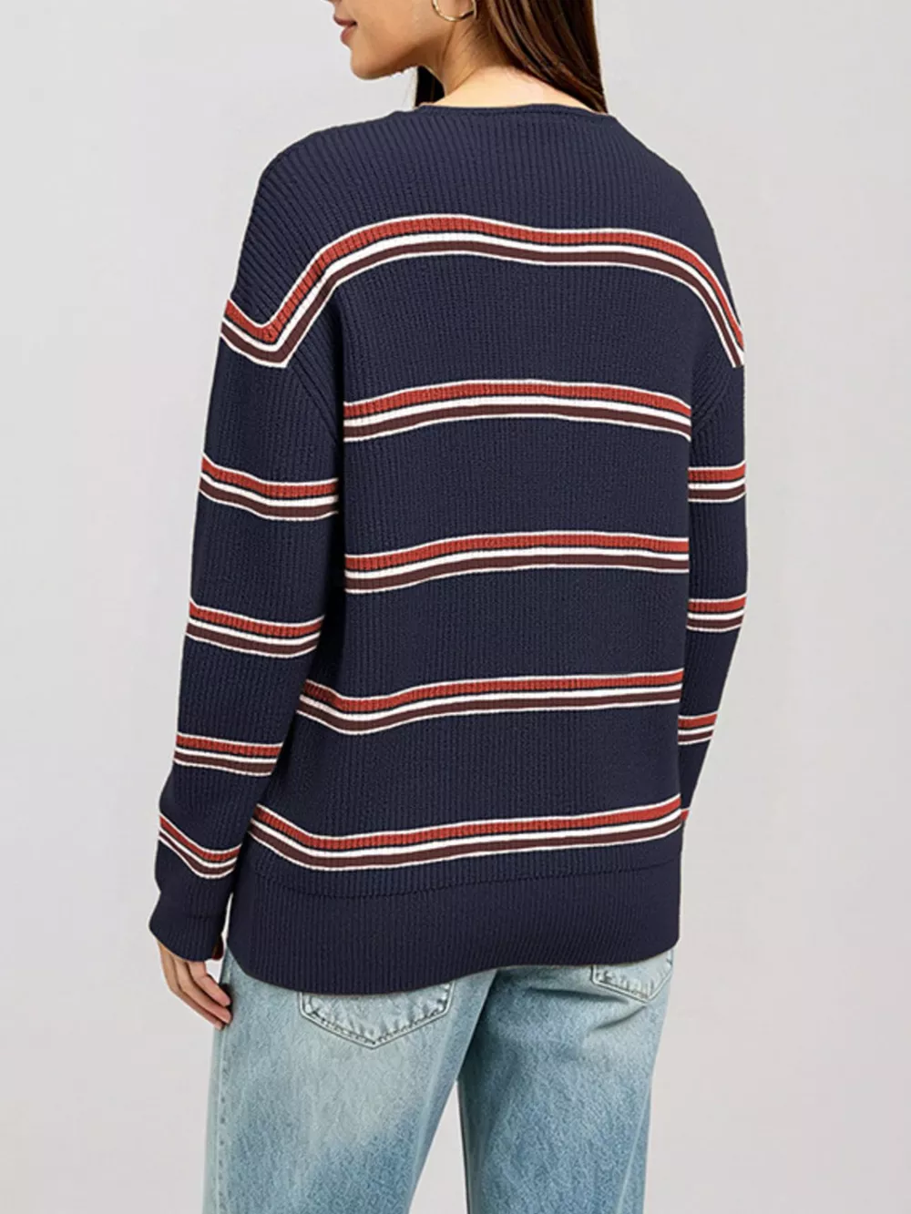 Striped Ribbed Knit Top with Keyhole Neckline, image 2