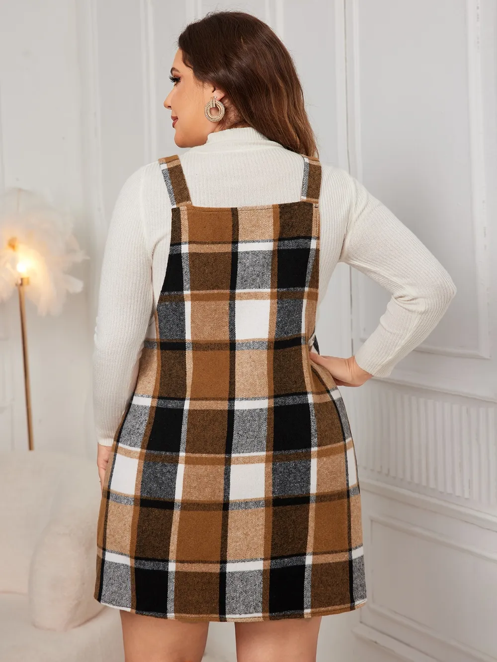 Plus Size Plaid Wide Strap Overall Dress, image 2