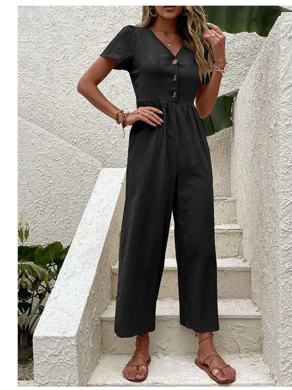V-Neck Short Sleeve Wide Leg Jumpsuit, image 2