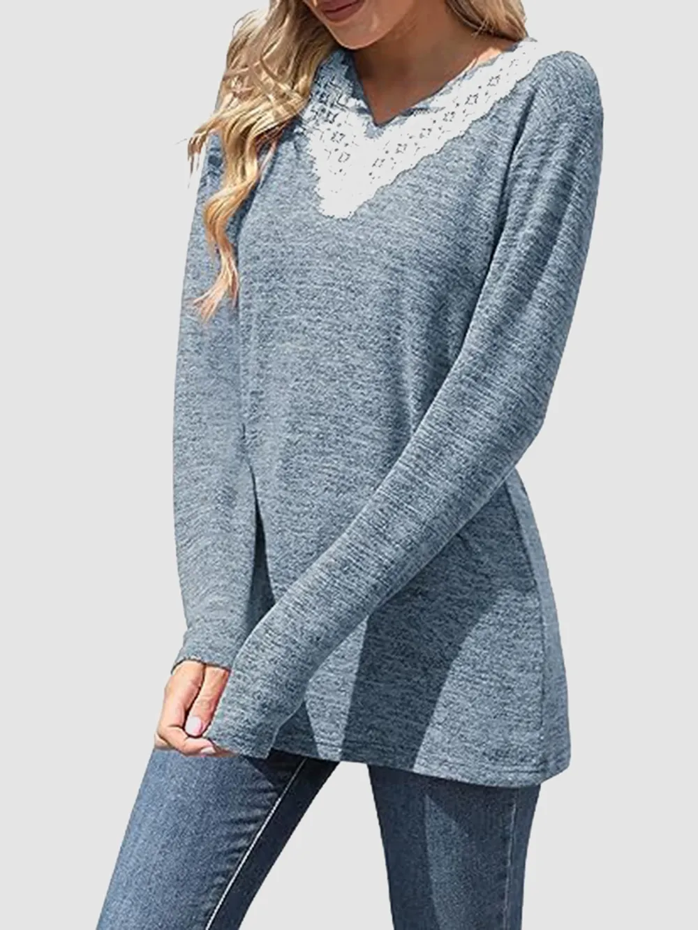 Lace Detail V-Neck Long Sleeve T-Shirt, image 12