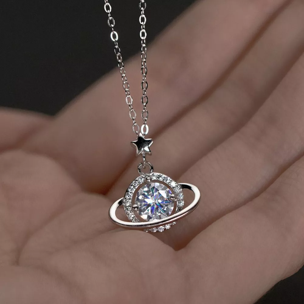 1 Carat 925 Sterling Silver Moissanite Planet Pendant Necklace, image 2