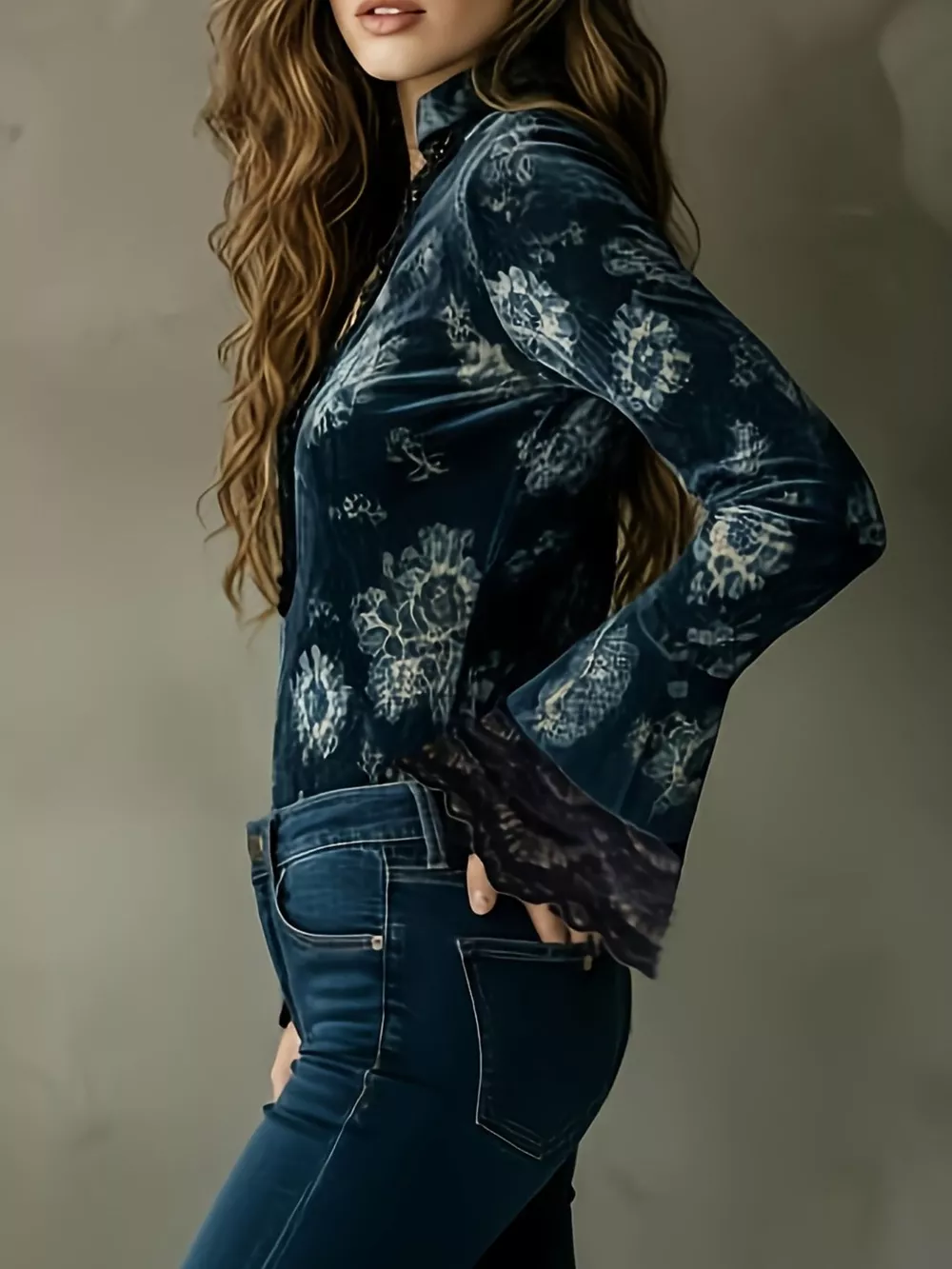 Lace Trim Flare Sleeves Blouse, image 3