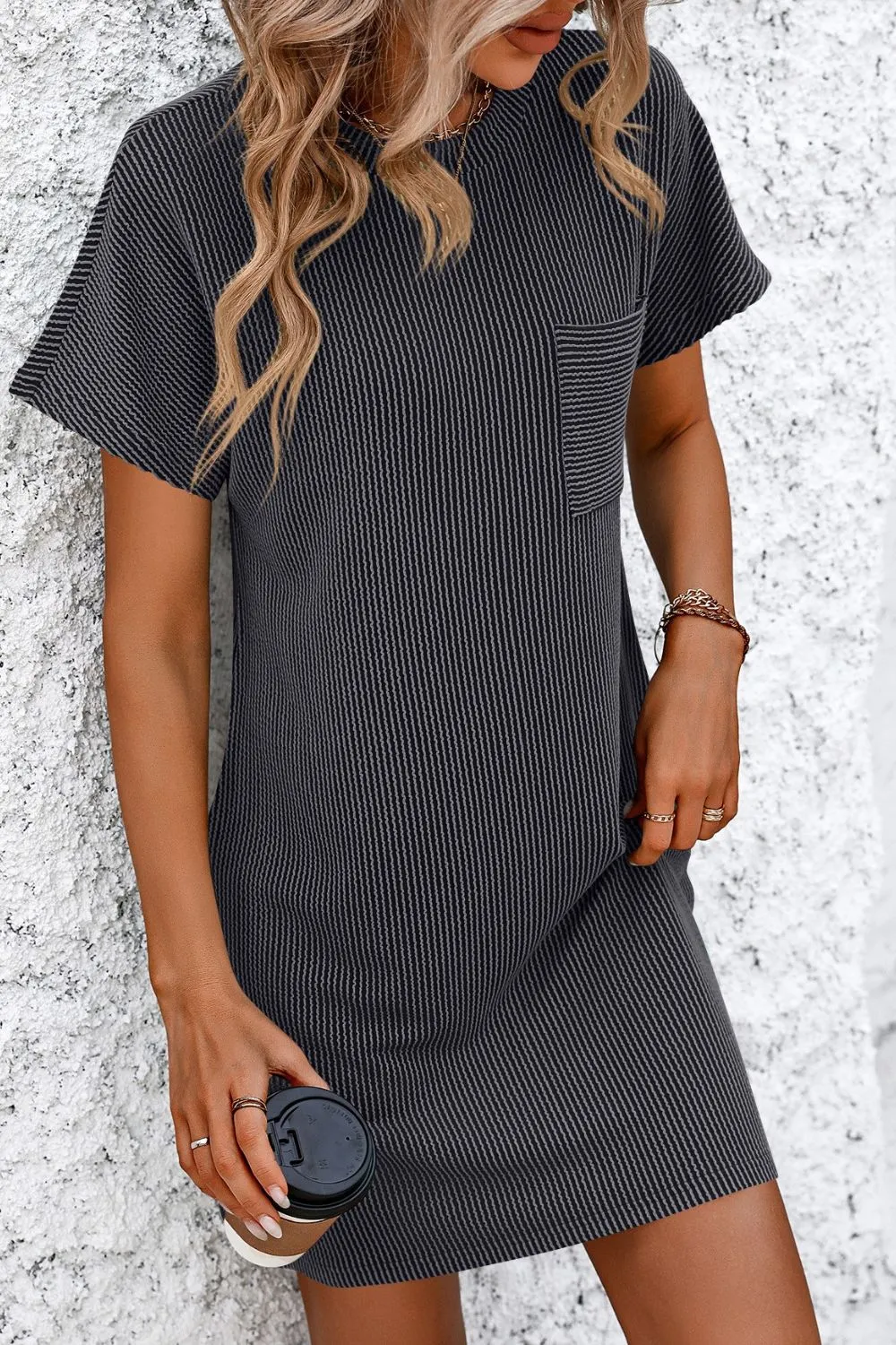 Ribbed Striped Short Sleeve Mini Tee Dress, image 3