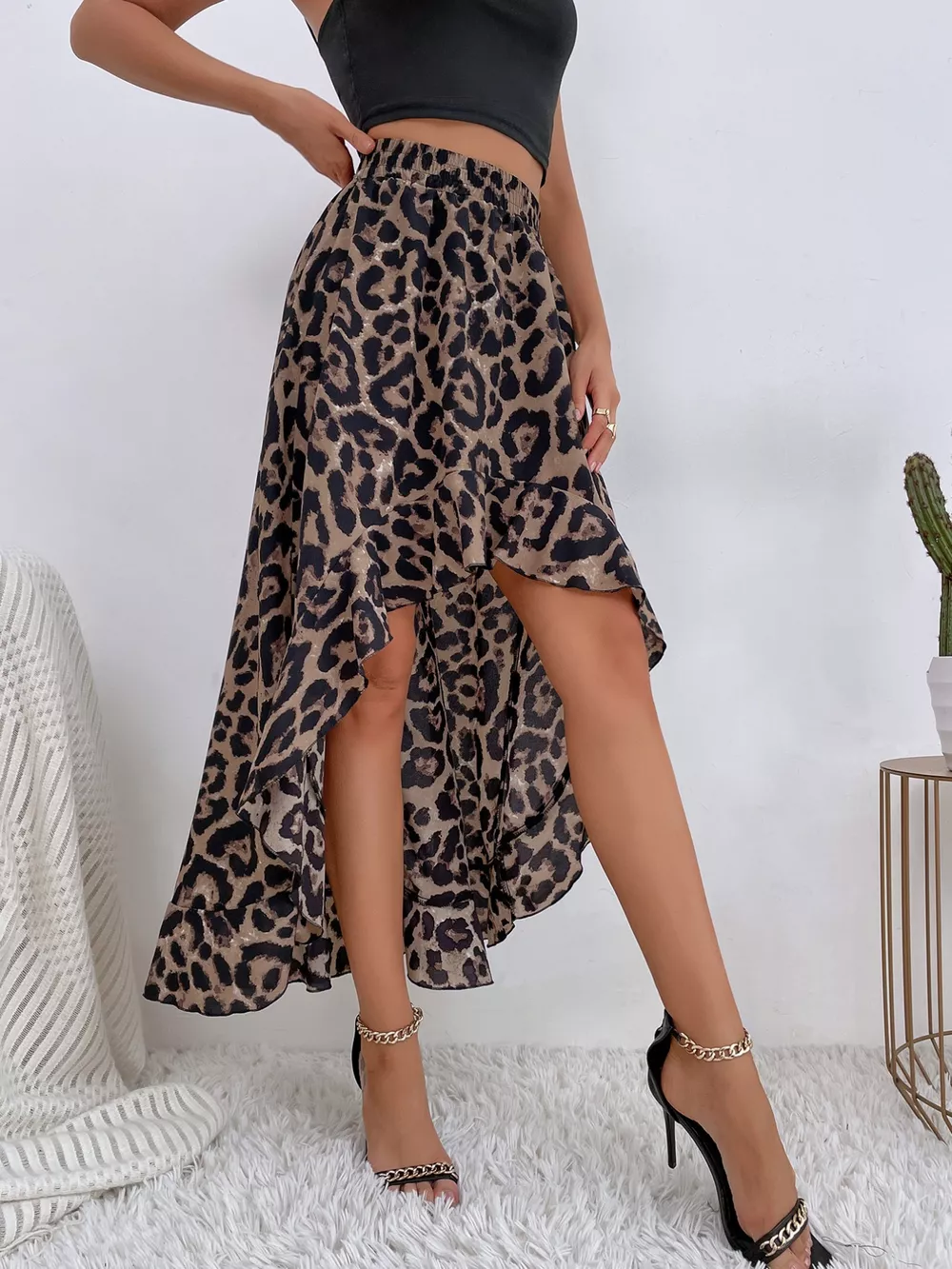Leopard Print Ruffle Hem High-Low Skirt, image 2
