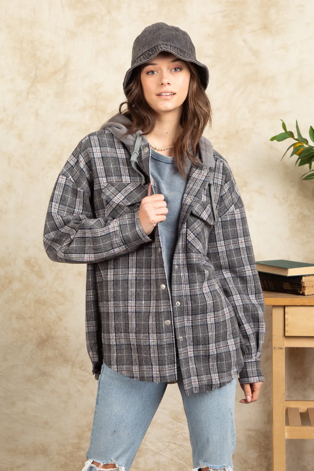 Drawstring Plaid Long Sleeve Hooded Jacket, image 5
