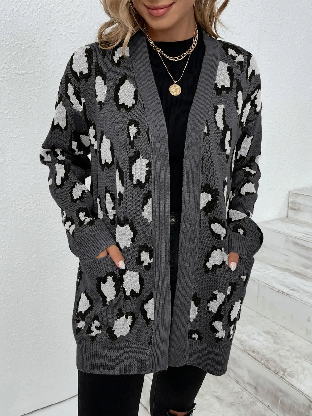 Leopard Open Front Dropped Shoulder Cardigan, image 14
