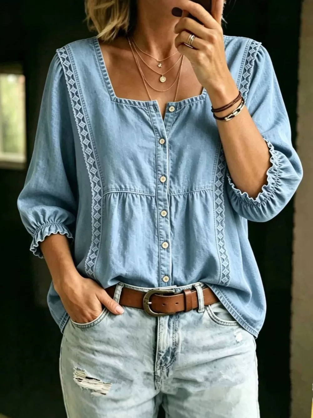 Full Size Square Neck Button-Down Denim Shirt Plus Size, image 2
