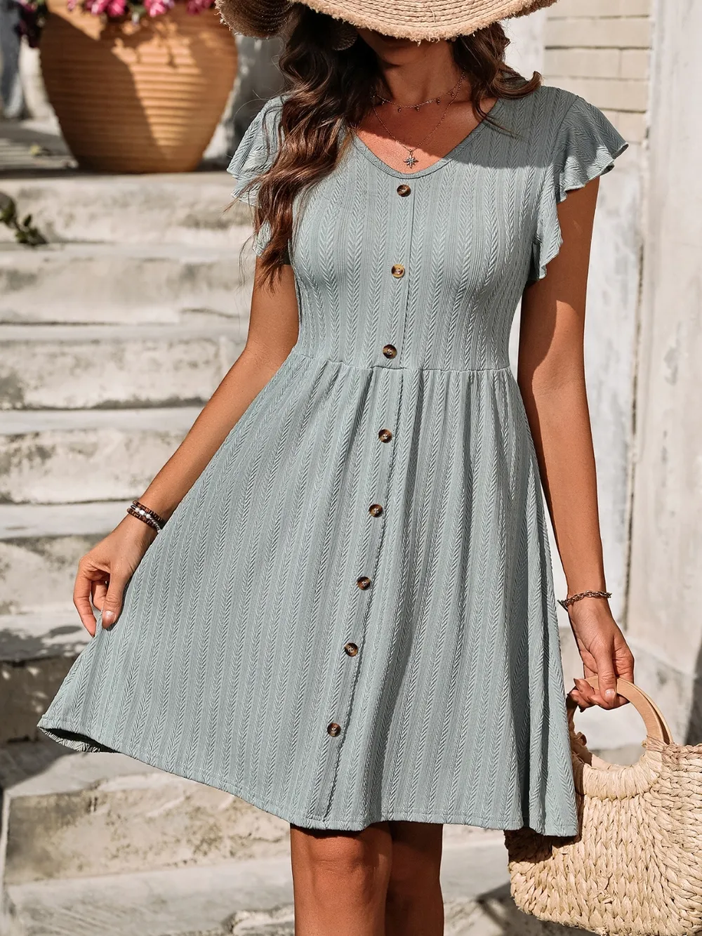 V-Neck Ruffled Cap Sleeve Dress, image 5