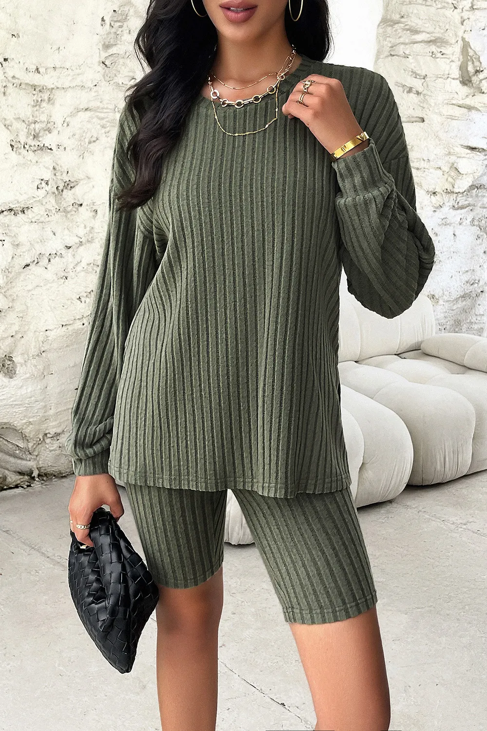 Ribbed Round Neck Dropped Shoulder Top and Shorts Set, image 8
