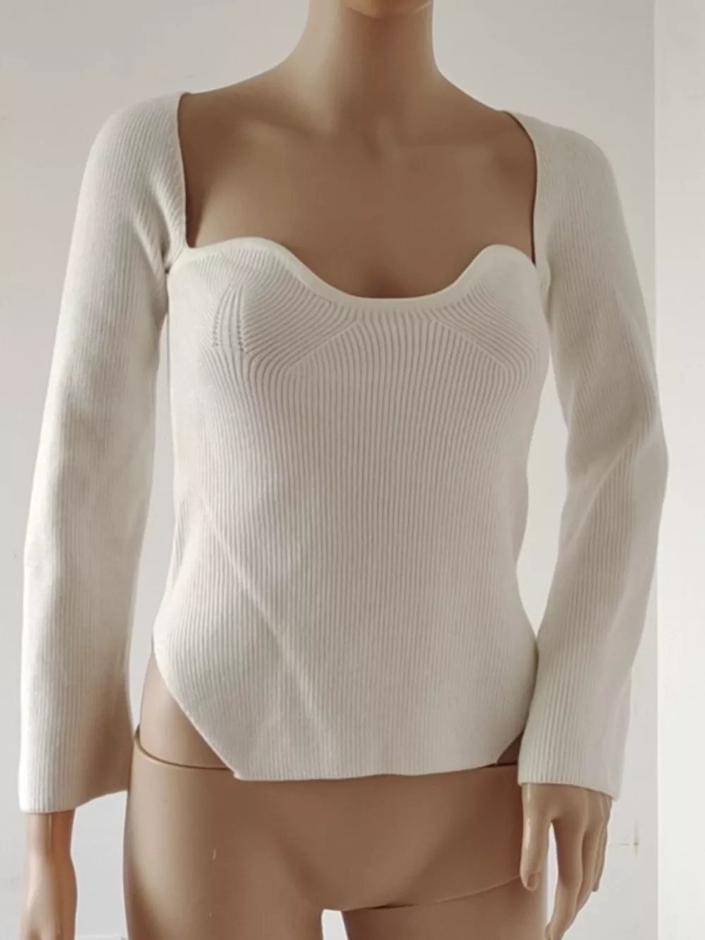 Ribbed Knit Sweetheart Neckline Sweater, image 5