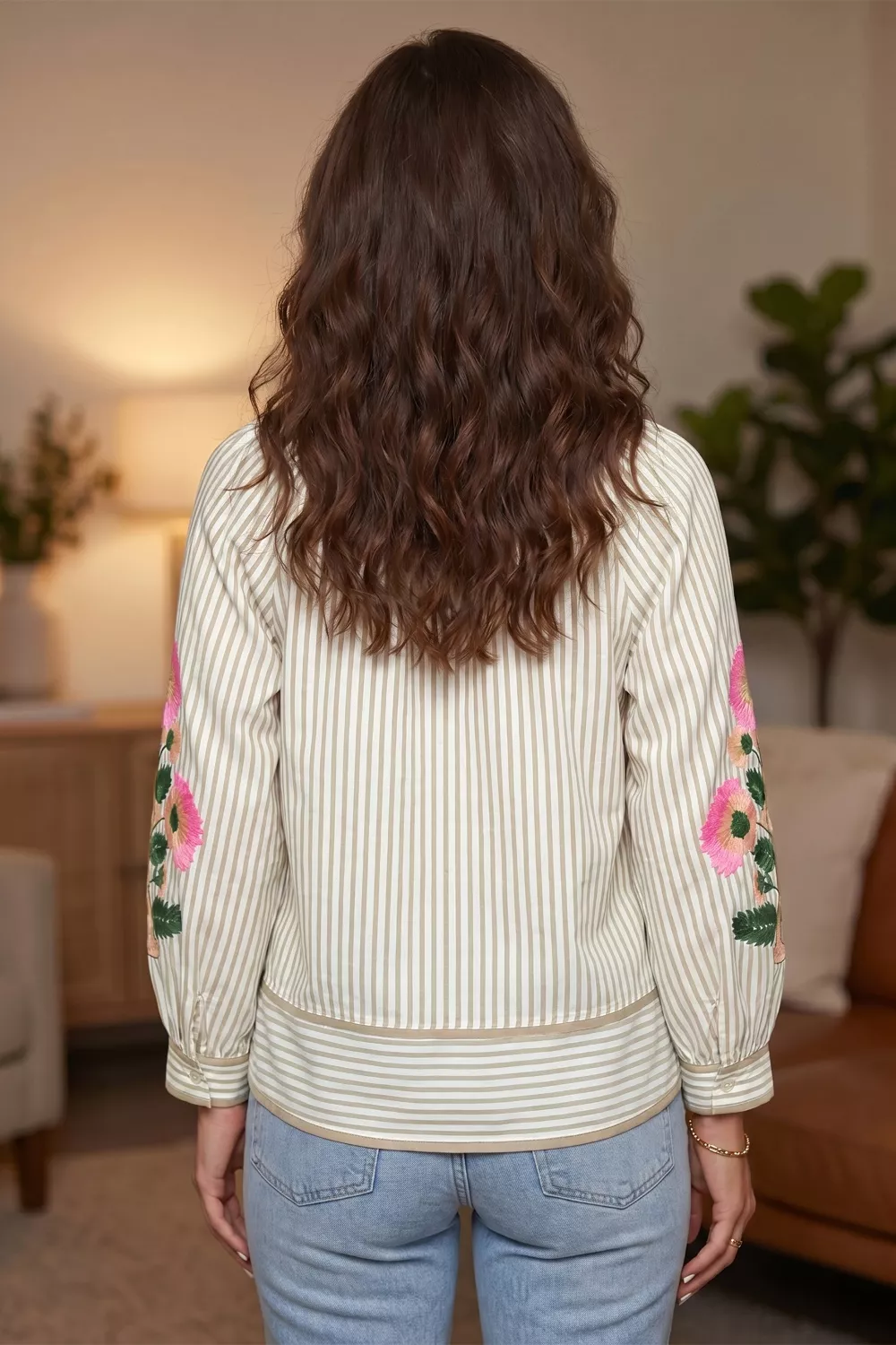 Stripe V Neck Floral Embroidered Long Sleeve Blouse, image 3