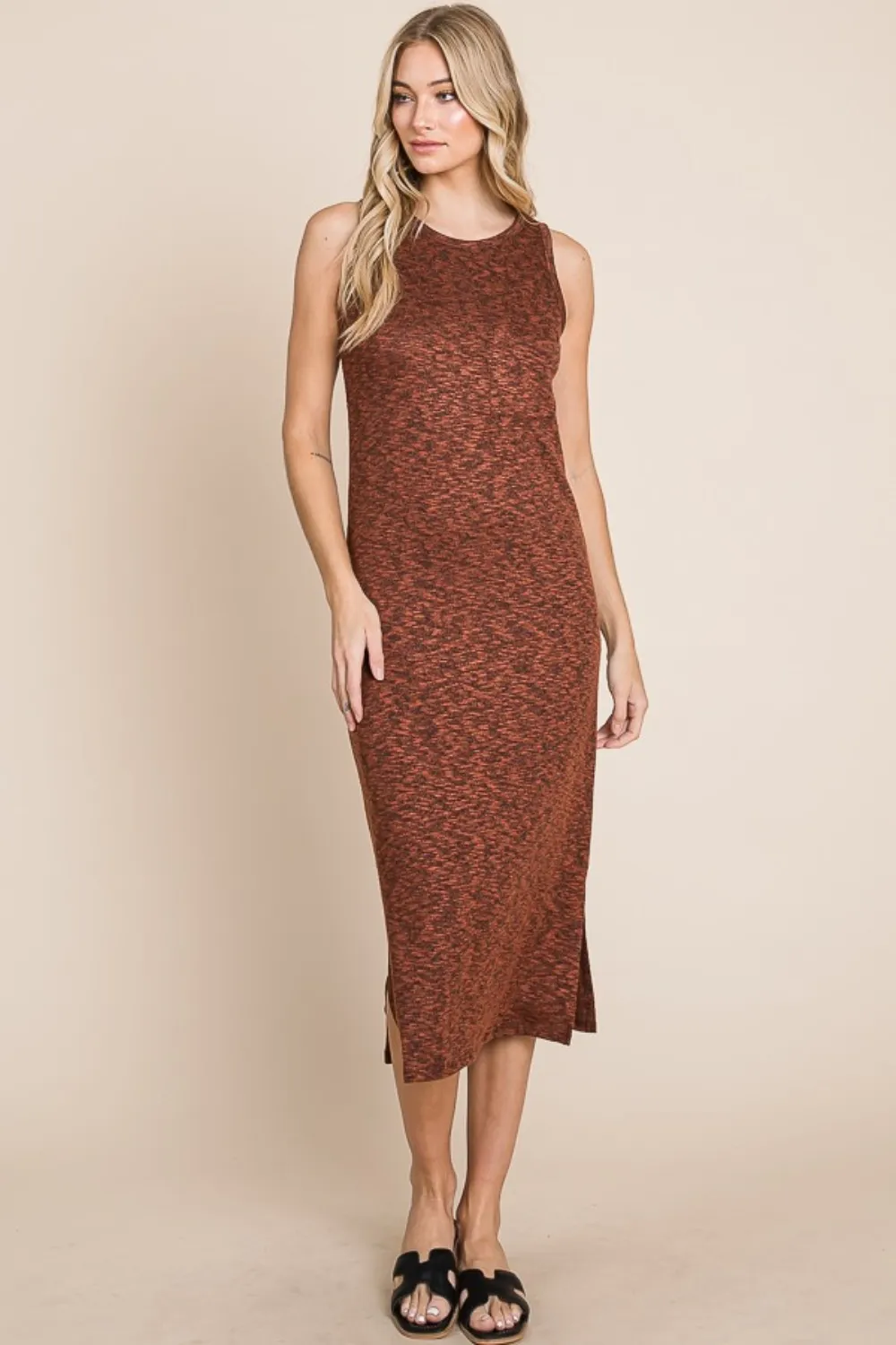 Slit Round Neck Sleeveless Midi Dress, image 3