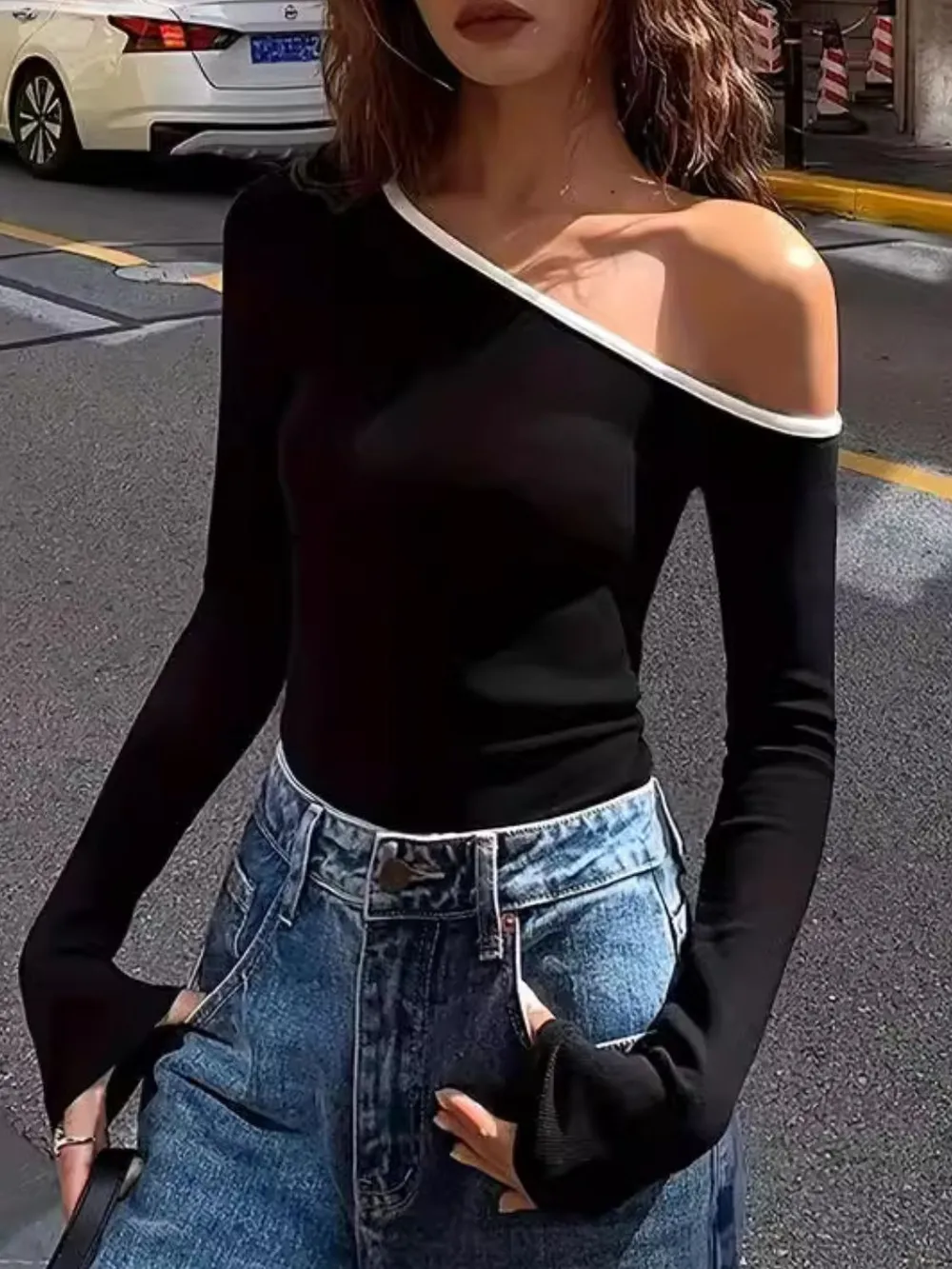 Contrast Trim One Shoulder Long Sleeve T-Shirt, image 2