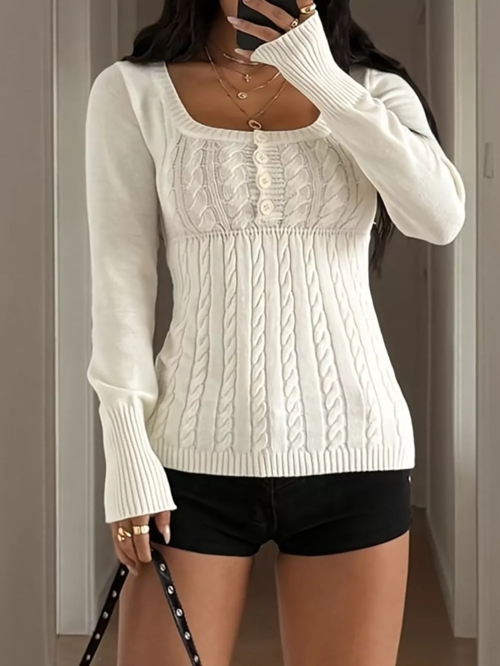 Cable Knit Button-Front Fitted Sweater, image 5