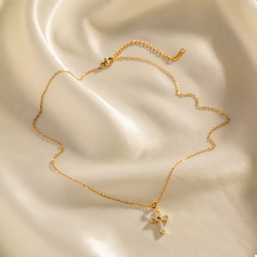 18K Gold-Plated Stainless Steel Zircon Cross Necklace, image 2
