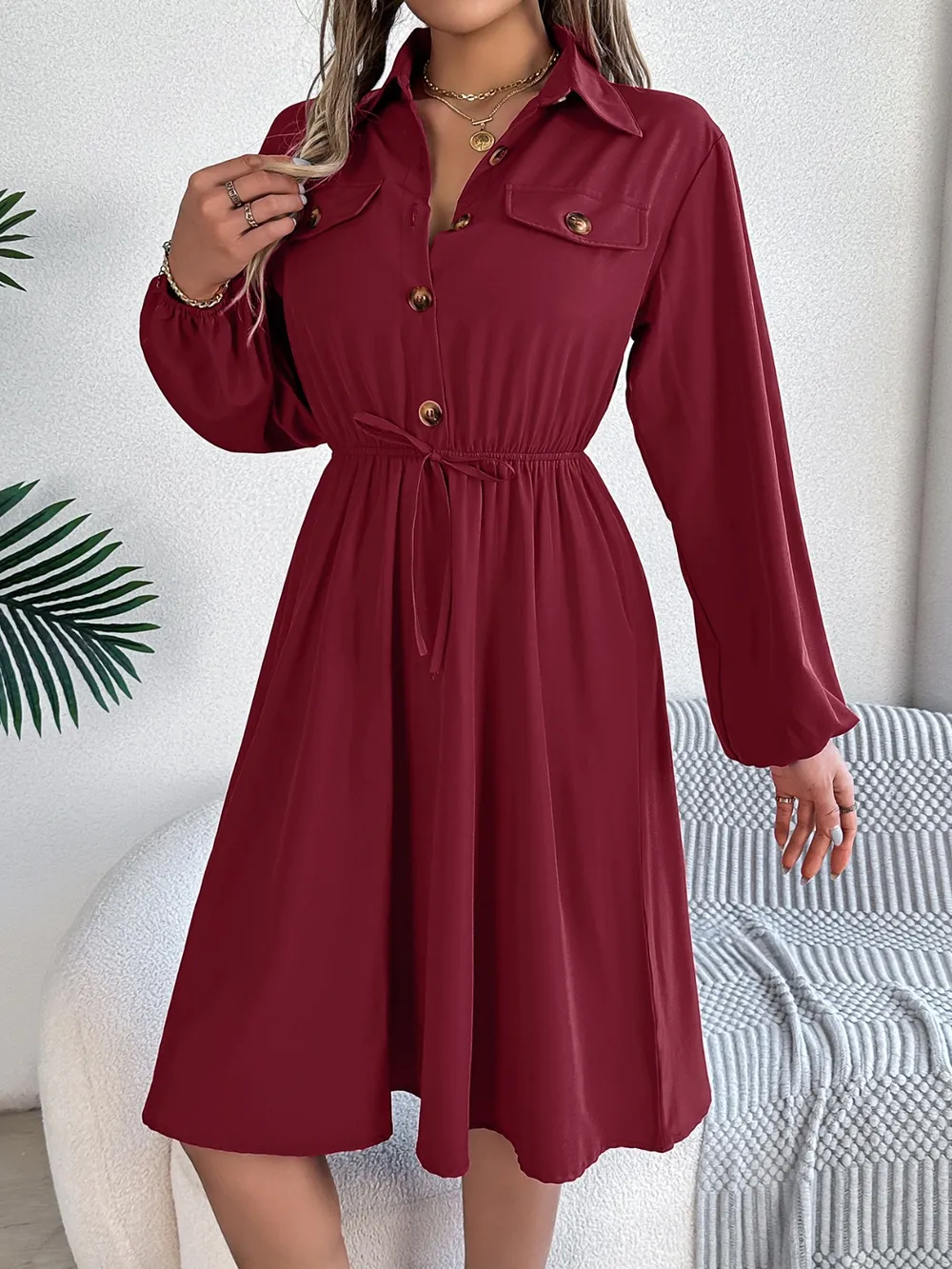 Collared Neck Long Sleeve Dress with Pockets, image 13