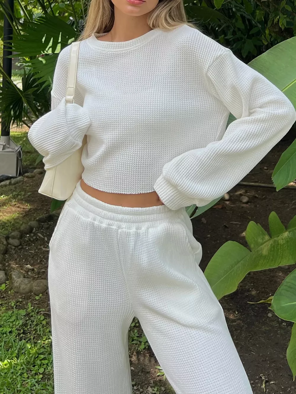 Waffle-Knit Round Neck Top and Pants Set, image 2