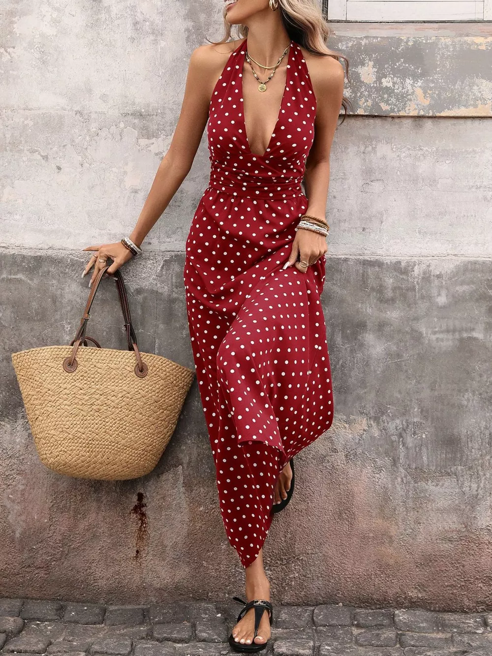 Polka Dot Halter Neck Maxi Dress, image 2