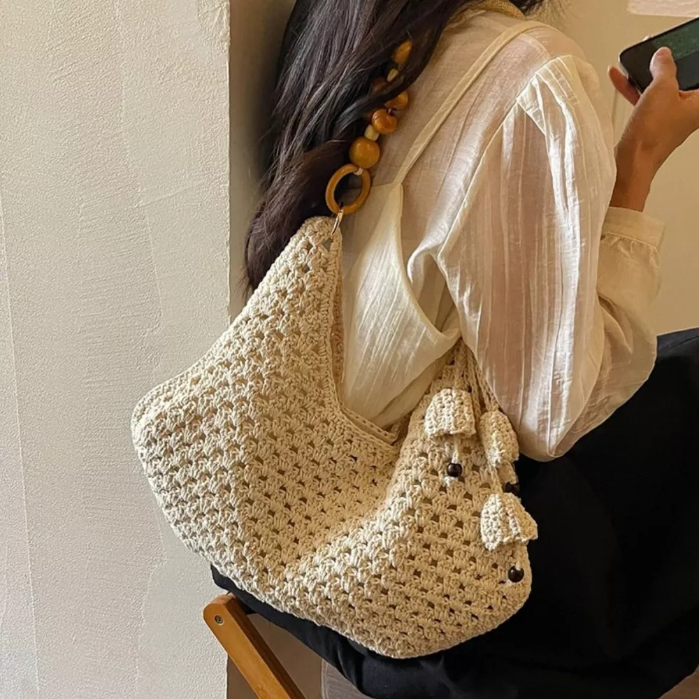 Crochet Knit Beaded Strap Shoulder Bag